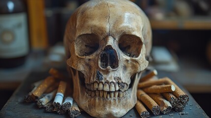 A weathered skull, adorned with the residue of countless cigarettes, served as a poignant reminder of the devastating grip of tobacco addiction.