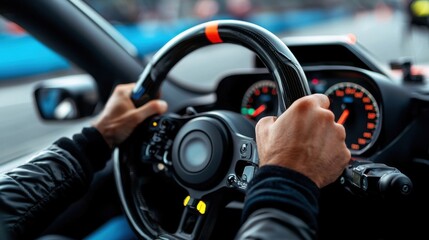 Naklejka premium Control and precision define the moment as a driver navigates a racing circuit, gripping the steering wheel tightly while focusing on speed and performance