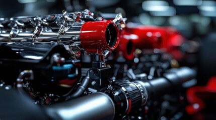Fototapeta premium Intricate details of a high-performance engine are highlighted, showcasing chrome and red components. This close-up captures the craftsmanship and engineering in a workshop environment