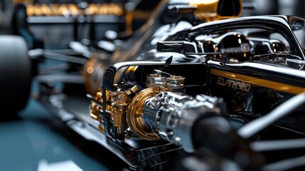 Fototapeta premium A detailed view of a racing car's engine reveals complex engineering and craftsmanship. The sleek design enhances performance and aesthetics, emphasizing precision in automotive technology