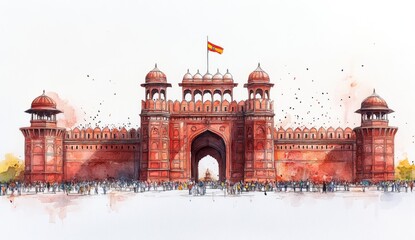 Monochrome line art illustration of fort structure with negative space flag design, ideal for embassy stationery, diplomatic gift branding, or cultural foundation letterheads.