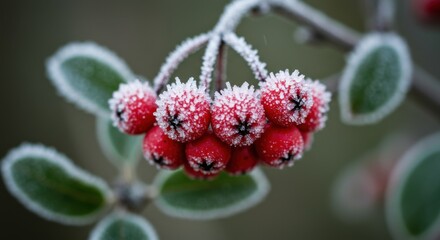 Frost-covered red berries on a branch with green leaves in a winter setting