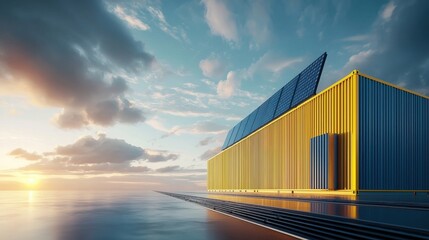 Fototapeta premium Modern Container Structure with Solar Panels Reflecting Sunset Sky