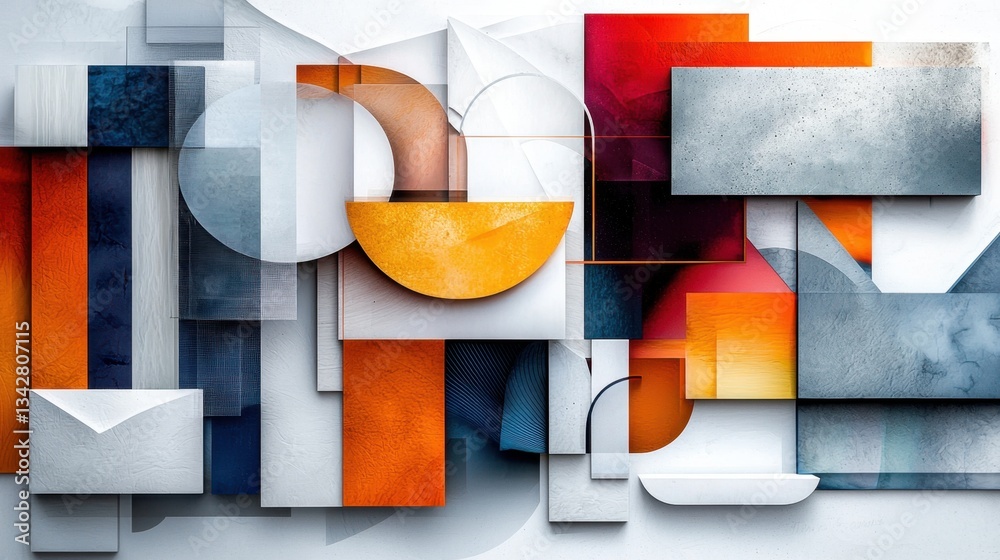 Poster a vibrant abstract display of geometric shapes and forms in various colors and textures. the artwork