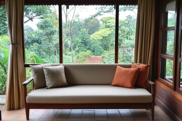 Serene Indoor Retreat A Comfortable Couch Overlooking a Lush Green Forest Landscape