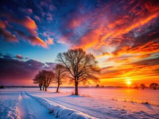 Fototapeta premium Scenic landscape photography captures a snowy countryside bathed in the golden hues of a winter sunset.