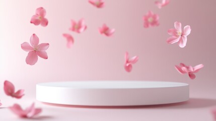 Floating pink flowers above a white display platform on a soft pink background.