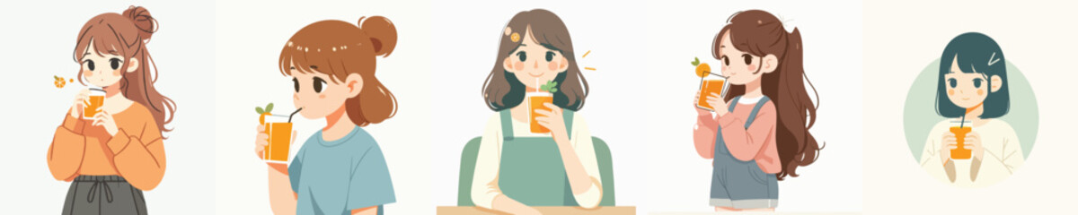 set of vector girls drinking orange juice
