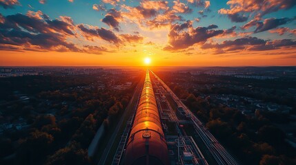 Using artificial intelligence and augmented reality, a modern drone scans a pipeline section at sunset, improving oil and gas industry safety and efficiency
