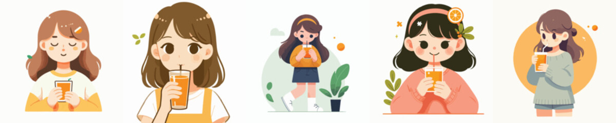 set of vector girls drinking orange juice