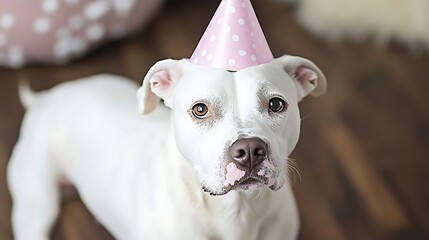 Obraz premium Dog wearing birthday hat, celebrating indoors, blurred background