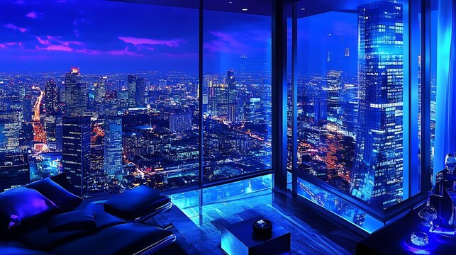 Relaxing in a penthouse, city view at night. Real estate marketing material
