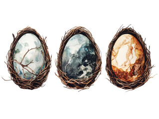 Whimsical Watercolor Eggs in Twig Nests: Nature's Abstract Triptych