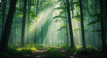 Serene forest scene with sunlight filtering through trees, inviting tranquility
