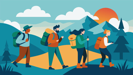 A group of individuals on a multiday backpacking trip learning to adapt to uncertain and challenging situations.. Vector illustration
