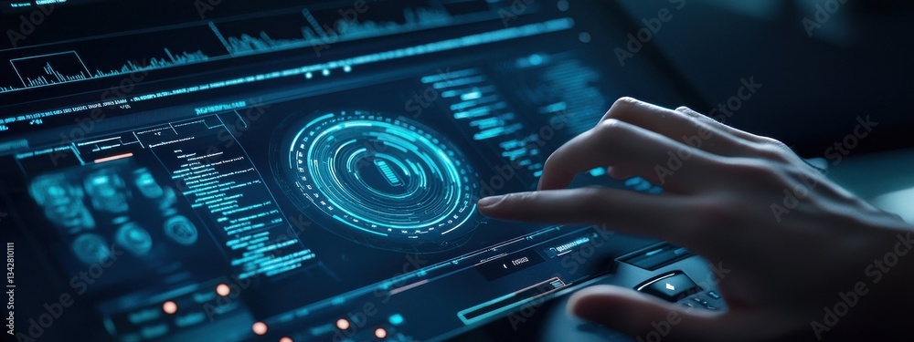 Poster futuristic user interface with hand interacting and data display