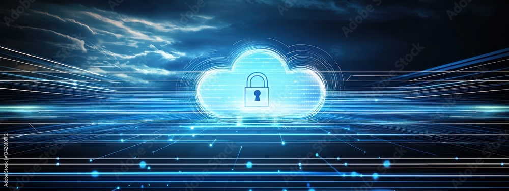 Poster secure cloud storage concept with digital lock and data stream effects