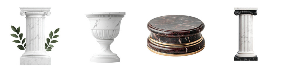 Collection of various classical ornate and antique architectural decor elements such as columns pedestals vases and platters