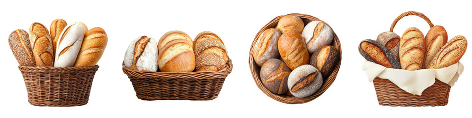 A variety of artisanal breads rolls and croissants freshly baked and arranged in rustic wicker baskets showcasing the delicious and comforting appeal of homemade bakery products