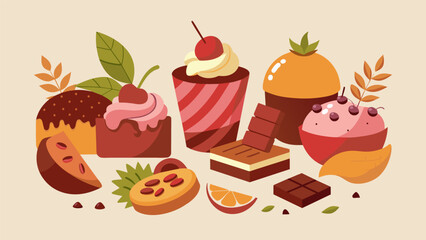 A tableau of decadent treats each one crafted with the finest cocoa and infused with exotic flavors like Madagascar vanilla and Tuscan raspberry.. Vector illustration