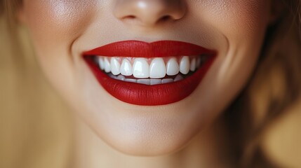 Woman with red lipstick shows perfect smile, white teeth, on yellow, emphasizing cosmetics