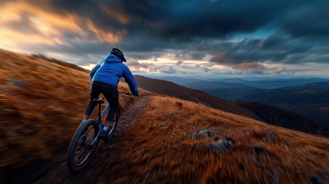 A cyclist navigates a narrow mountain trail, surrounded by golden grass and under an expansive sky. The sun sets, casting vibrant colors across the landscape, creating an ideal backdrop