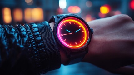 Neon Glow: A Futuristic Wristwatch in City Lights