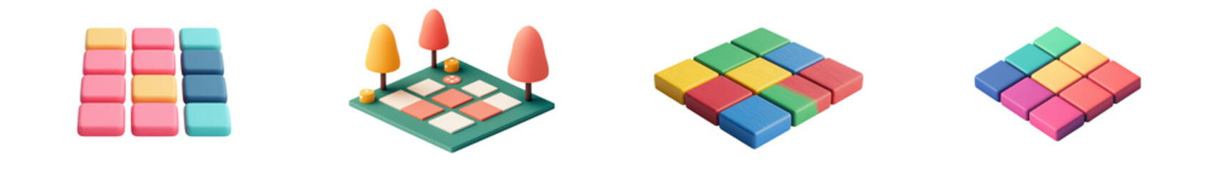 Assortment of multicolored wooden or plastic toy building blocks in various geometric shapes arranged in creative patterns and designs