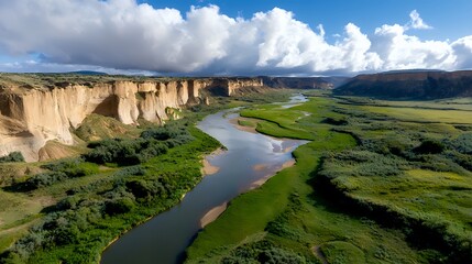 Scenic River Flowing Through Canyon Landscape with Green Meadow Views