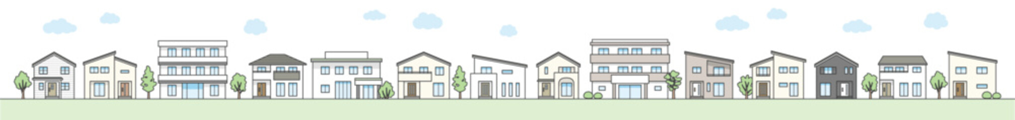 モダンでオシャレな家やマンションが建つ街並みのイラスト