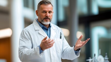 A scientist in a white lab coat gestures while discussing research findings. The modern laboratory is bright, showcasing various scientific equipment and instruments