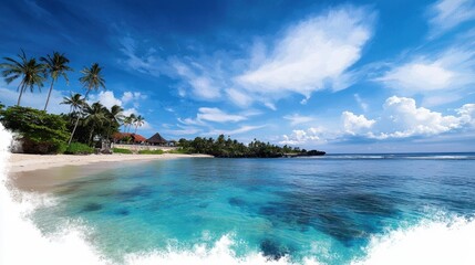 Fototapeta premium A tranquil tropical beach features clear blue water lapping at the shore, framed by lush palm trees and a bright blue sky with scattered clouds. This serene location invites relaxation and leisure