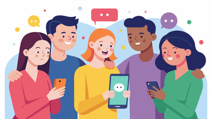 Fototapeta premium A group of friends discussing their emotional states while looking at their mood tracking app together.. Vector illustration