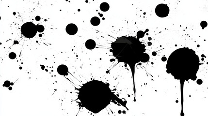 Abstract black ink splatters on white background create dynamic and artistic pattern, evoking creativity and spontaneity. bold contrast highlights fluidity and randomness of ink