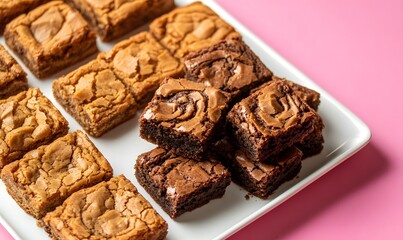 Fototapeta premium peanut butter cookies and peanut butter swirl brownies arranged neatly on a white platter, Generative AI