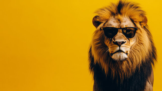 lion wearing sunglasses exudes coolness against vibrant yellow background, creating striking and humorous image