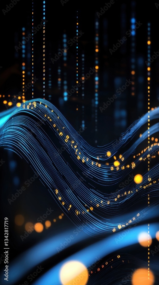 Poster abstract digital waves with bright lights and data streams background