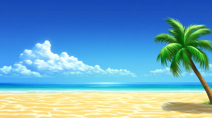 Obraz premium serene tropical beach scene with lone palm tree under bright blue sky and fluffy clouds, casting shadows on golden sand. tranquil ocean stretches to horizon