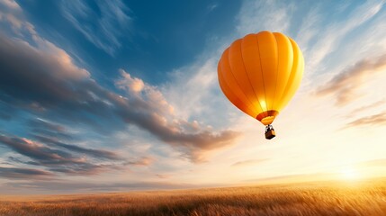 Obraz premium Hot Air Balloon Flying Above Golden Field at Sunset Landscape