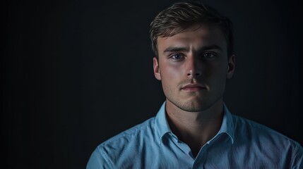 Fototapeta premium Portrait of a Young Man in a Blue Shirt Against a Dark Background