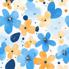 Abstract Watercolor Flower Seamless Pattern in Soft Blue and Yellow