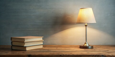 Simple home decor: a minimalist lamp casts a glow on a wooden table and books.