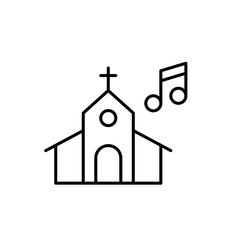 Church with cross and musical notes. Choral singing and music in worship services. Religious events. Pixel perfect vector icon