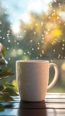 Fototapeta premium A cozy cup sits on a table, with raindrops on the window and soft sunlight in the background.