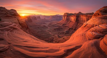 Foto op Canvas Stunning sunset over a vast canyon landscape with layered rock formations © Yuka