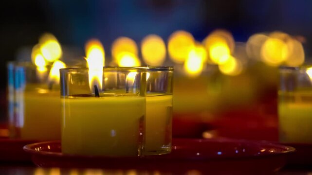 Close-up of multiple lit candles in glass holders placed on red trays creating a warm and serene atmosphere