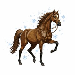 Fototapeta premium Brown horse running in snow with winter theme 