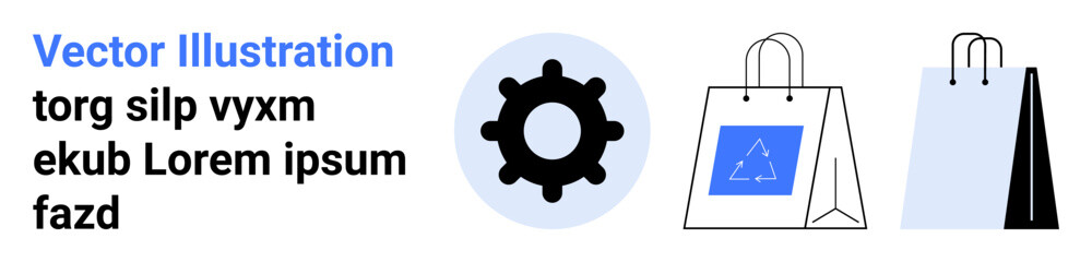 Gear and two shopping bags, one with a brand logo. Ideal for retail, e-commerce, branding, technology, innovation business simple landing page. Line metaphor. Simple line icons