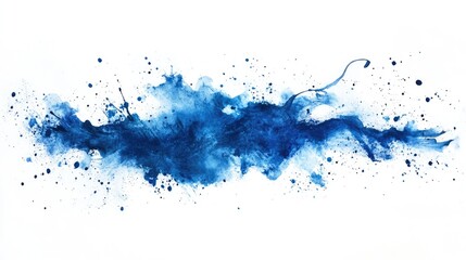 Dynamic blue watercolor splash with fluid motion and artistic splatter on white background. Abstract art concept