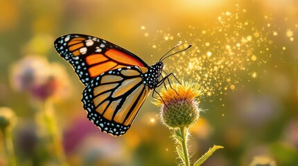 Obraz premium Native plant restoration ecology captured in macro detail of butterfly on milkweed pod releasing seeds, golden light illuminating silky fibers in restored meadow